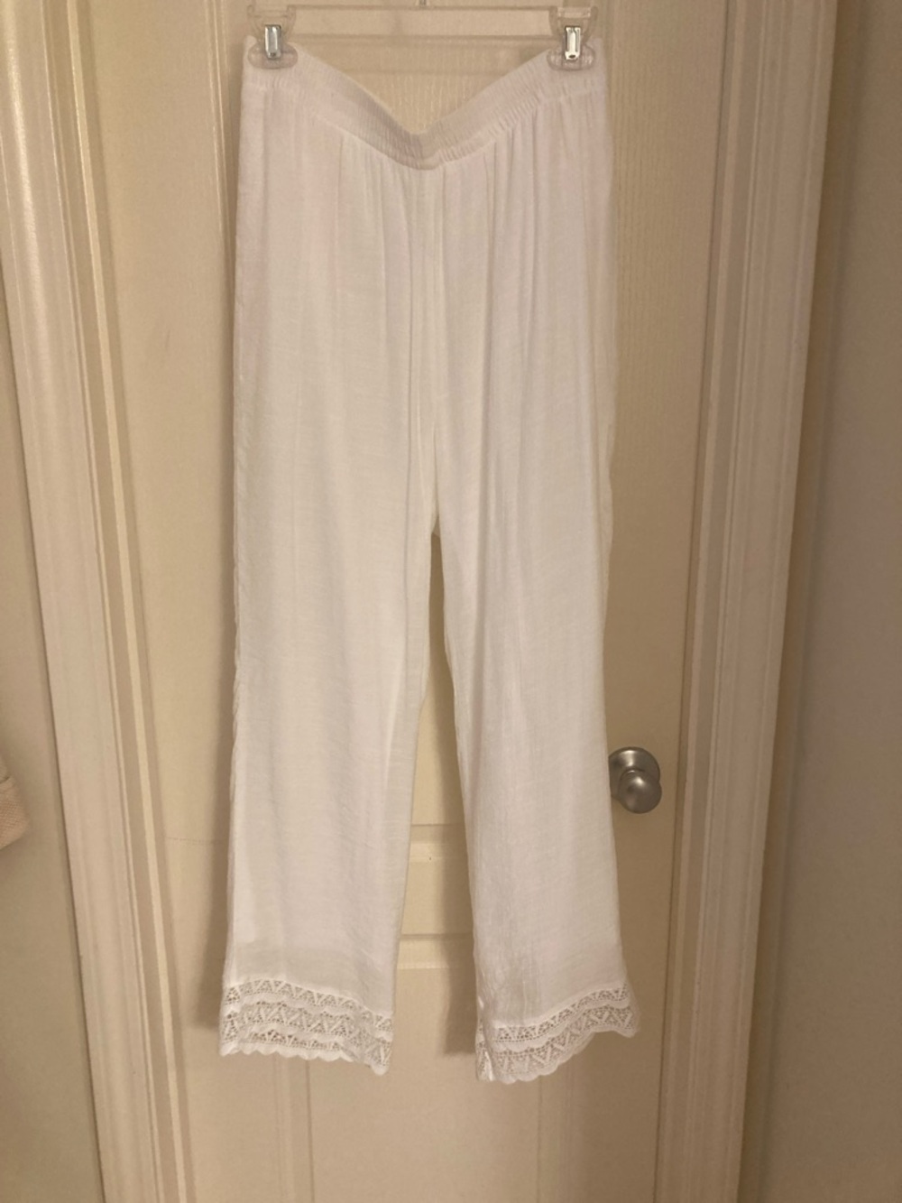 White Straight-Leg Pants with Lace Trim